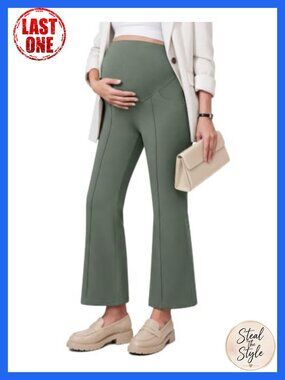 Maternity Flare Leg Work Pants High Waist Ankle Pull On Pockets